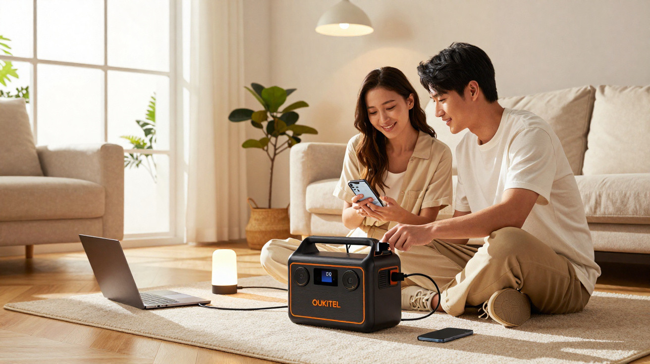 Junges Paar sitzt im Wohnzimmer und nutzt mobilen OUKITEL Stromgenerator für Geräte.