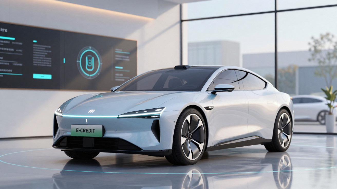 Futuristisches weißes Elektroauto in modernem Showroom mit digitaler Informationswand im Hintergrund.
