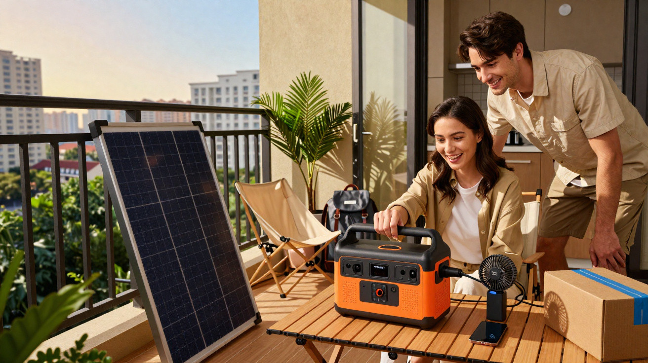 Junges Paar testet tragbares Solargenerator-Set auf Balkon mit Solarpanel und Lüfter bei Tageslicht.
