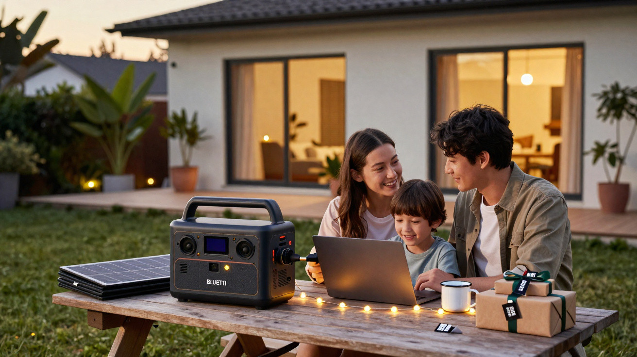 Familie sitzt am Gartentisch bei Dämmerung mit Laptop, Solargenerator und LED-Lichterkette vor modernem Haus.
