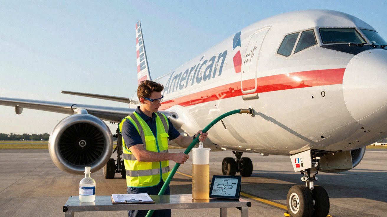 Mitarbeiter tankt Flugzeug der American Airlines auf dem Rollfeld bei klarem Himmel.