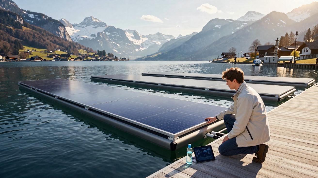 Mann überprüft Solarplatten auf Steg an Bergsee mit verschneiten Bergen und Häusern im Hintergrund.
