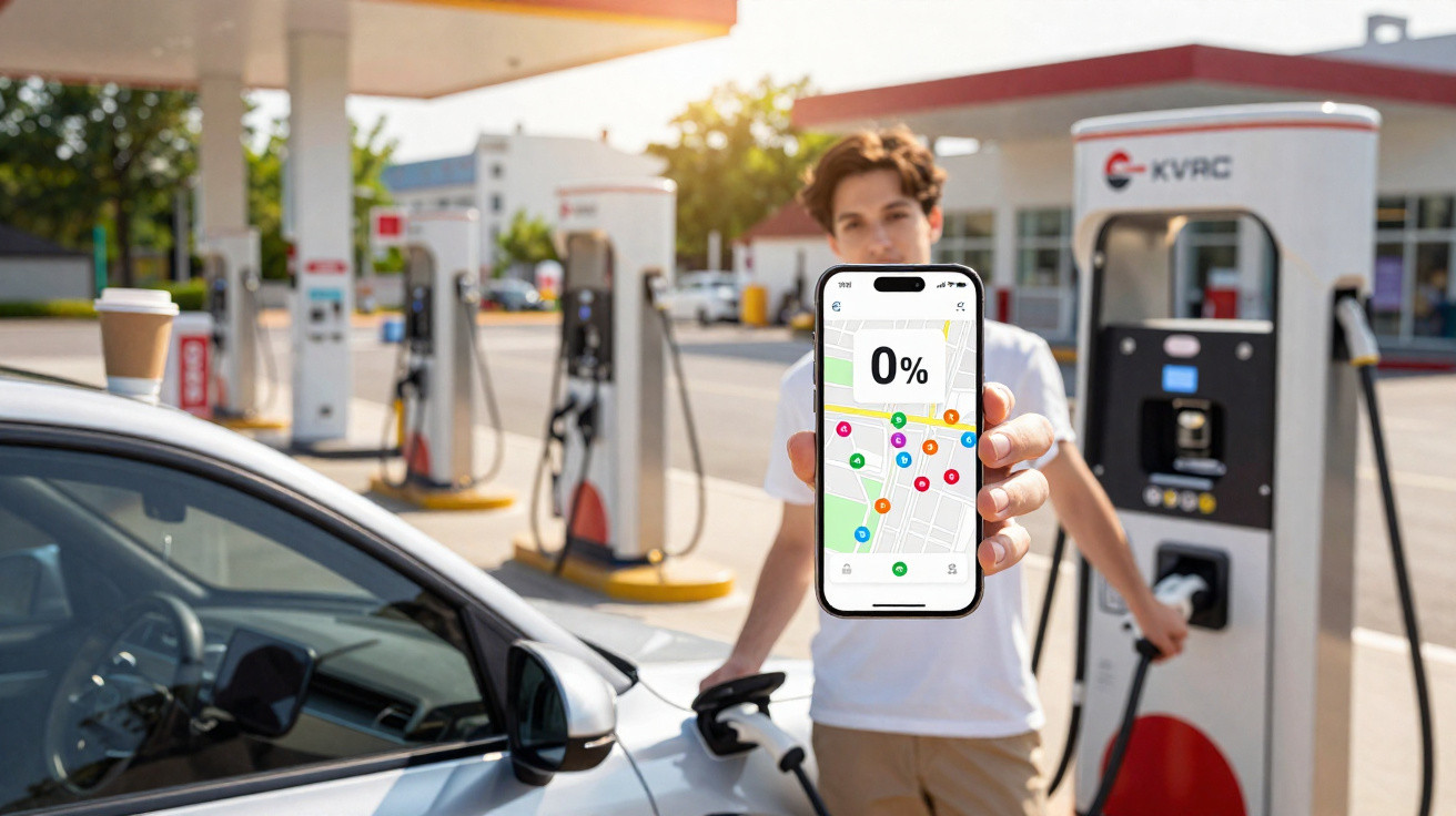 Junger Mann lädt Elektroauto an Ladestation und zeigt Smartphone mit 0 Prozent Ladeanzeige.