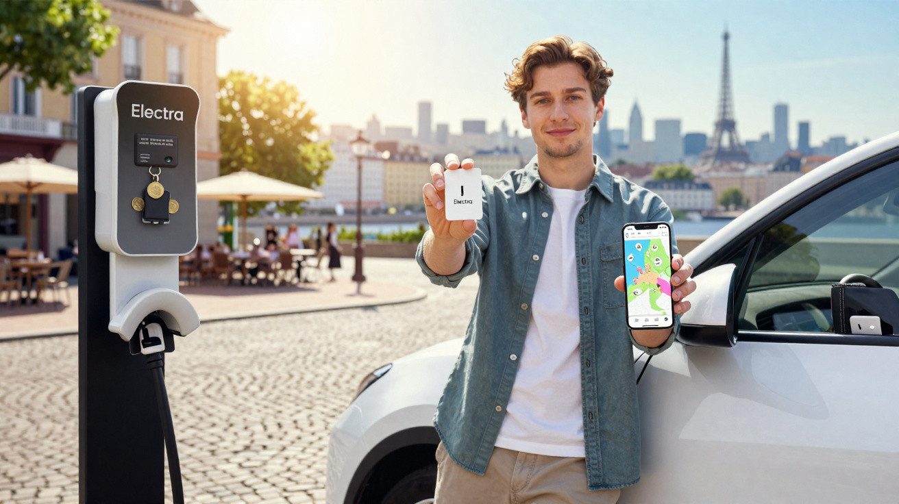 Junger Mann steht neben weißem Elektroauto und Ladestation, hält Schlüssel und Smartphone mit Lade-App.