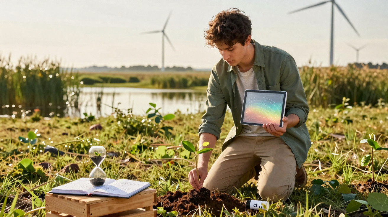 Mann kniet auf einem Feld, hält Tablet und untersucht Pflanzen mit Windrädern und Wasser im Hintergrund.