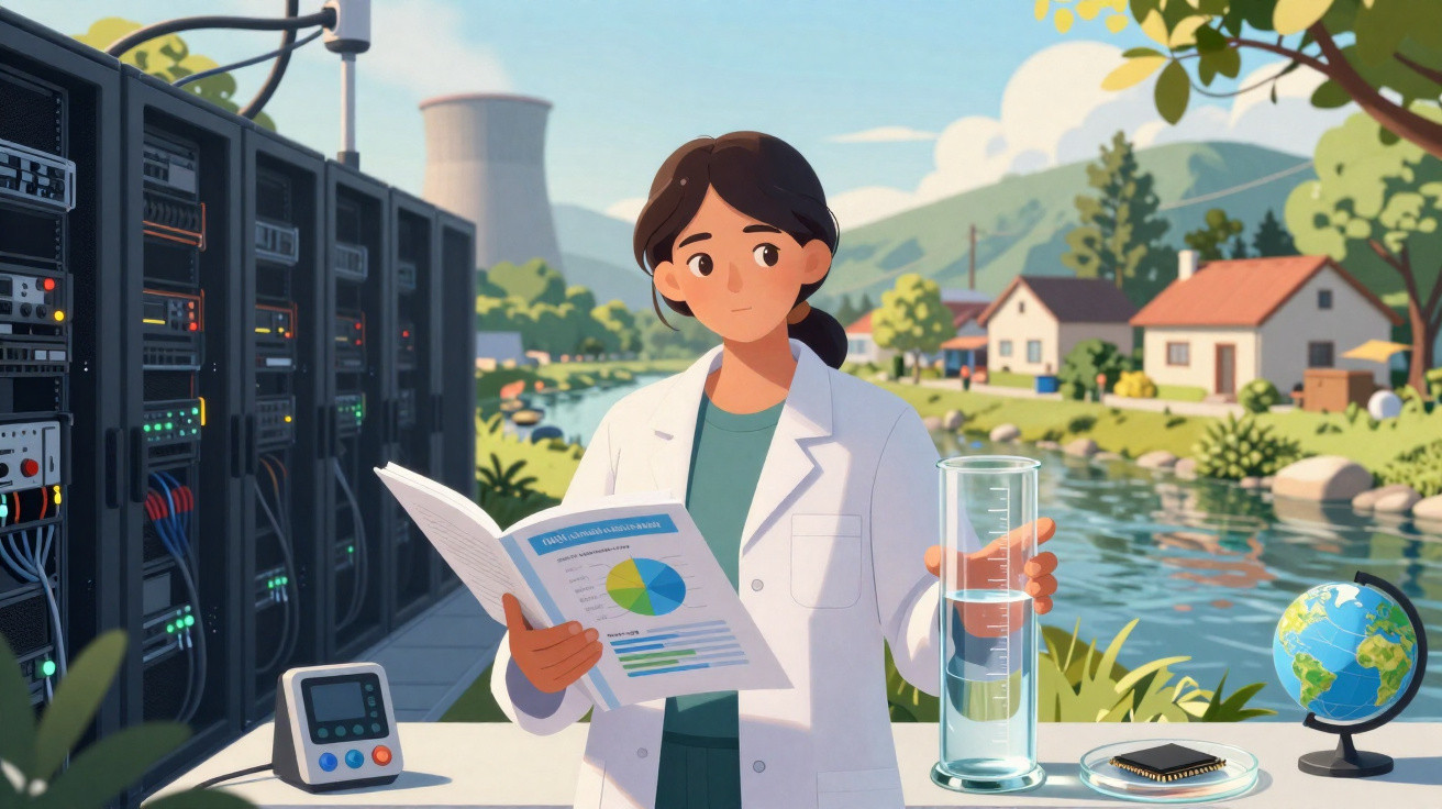 Eine Wissenschaftlerin im Labor mit Messzylinder, Diagramm, Servern und Fluss im Hintergrund.