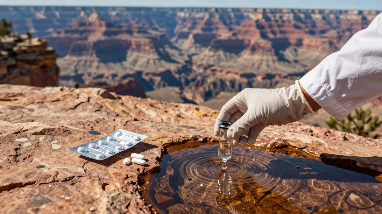Hand mit Handschuh entnimmt Wasserprobe aus Pfütze auf Felsen, Schmerztabletten liegen daneben, Grand Canyon im Hintergrund.