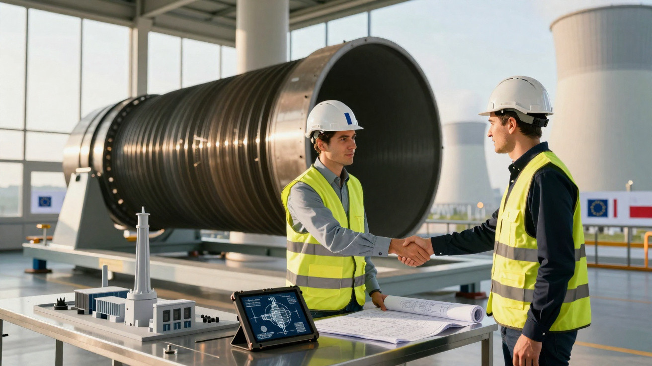 Zwei Ingenieure mit Schutzhelmen und Warnwesten schütteln sich vor einer großen Turbinenanlage die Hand.