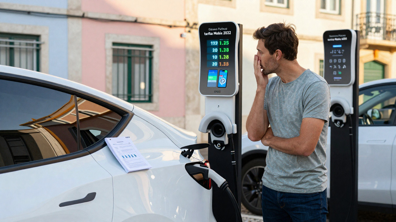 Mann steht nachdenklich an einer Ladestation, während sein weißes Elektroauto lädt.