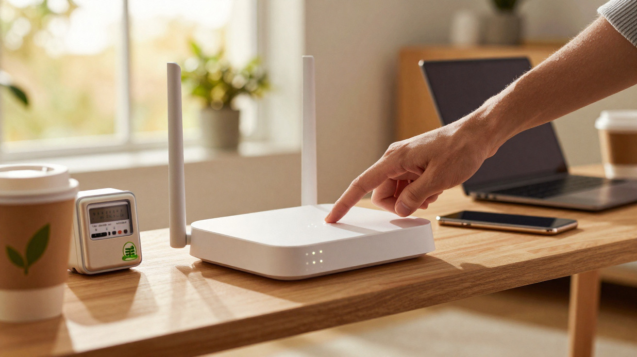Hand drückt Knopf an weißem WLAN-Router auf Holztisch mit Laptop, Smartphone und Kaffeebecher im Hintergrund.