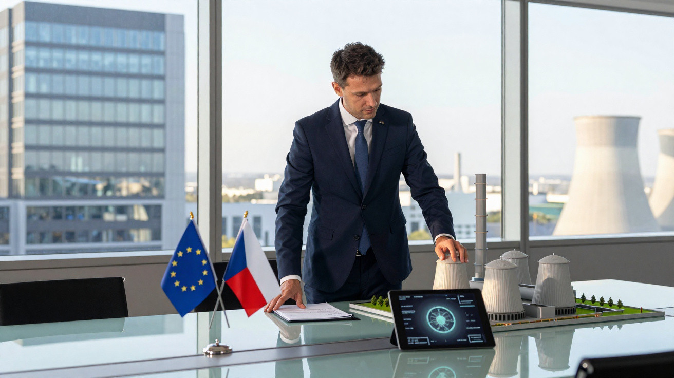 Mann im Anzug steht an einem Tisch mit EU- und Tschechien-Flaggen neben einem Modell von einem Kraftwerk und einem Tablet.