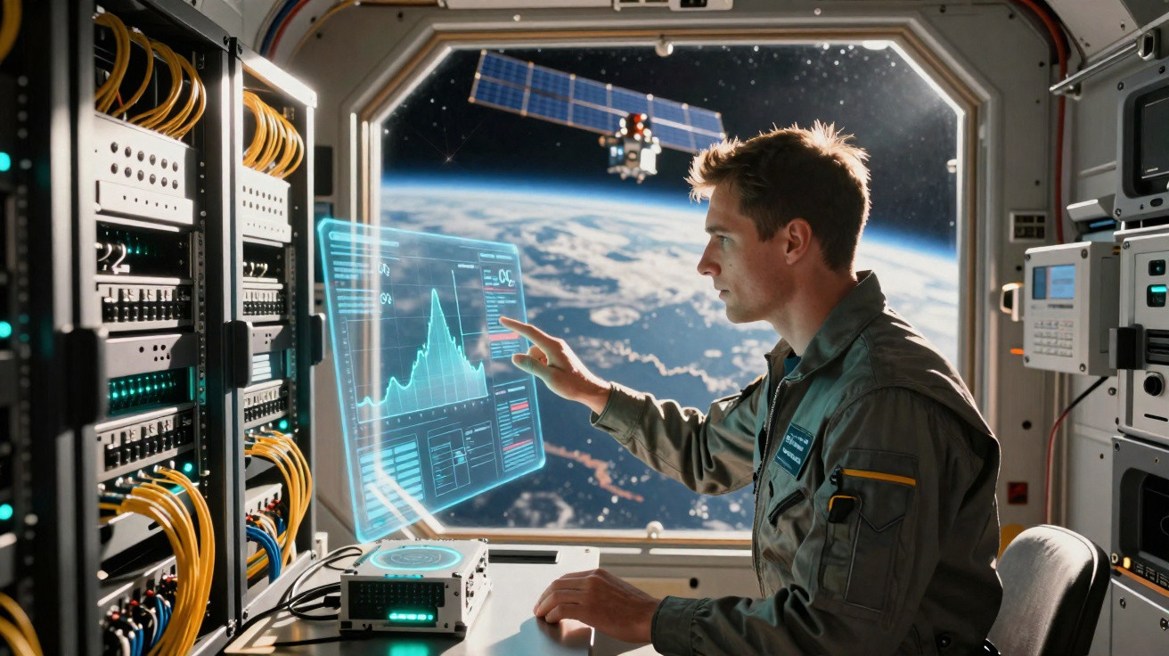 Astronaut im Raumschiff bedient holografisches Display mit Erdansicht und Satelliten im Hintergrund.