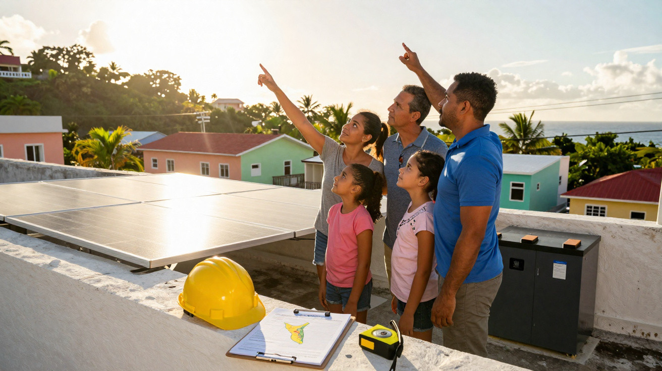 Fünf Personen auf Dach mit Solarpanelen schauen und zeigen auf den Himmel während Sonnenuntergang.