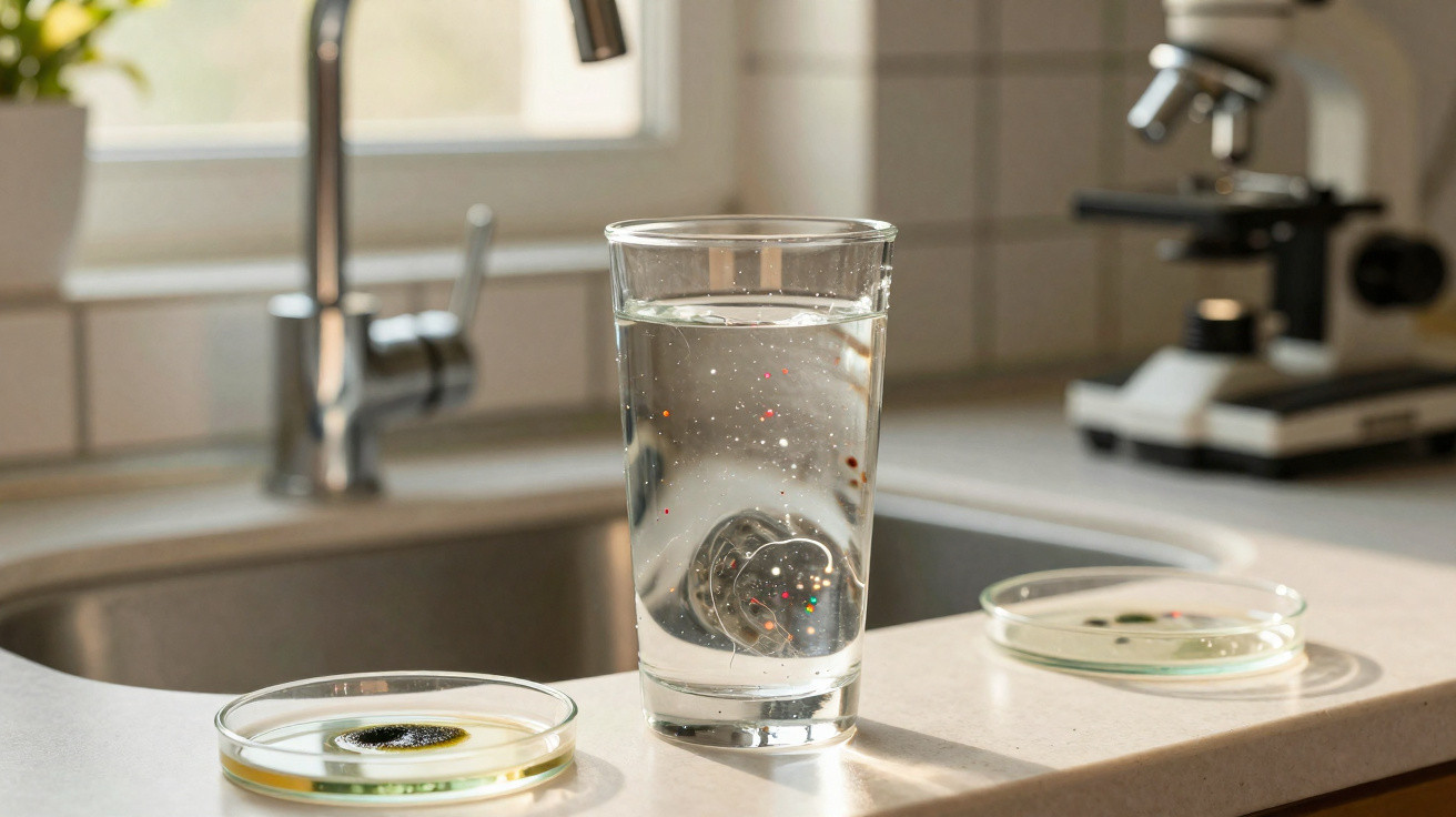 Klares Wasserglas auf Küchentheke, daneben zwei Petrischalen mit Wachstumsproben und Mikroskop im Hintergrund.