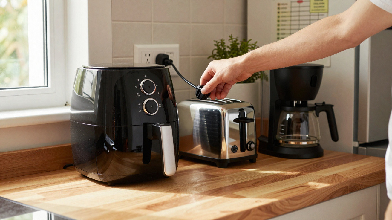 Küche mit Heißluftfritteuse, Toaster, Kaffeemaschine und Hand, die Toaster bedient.