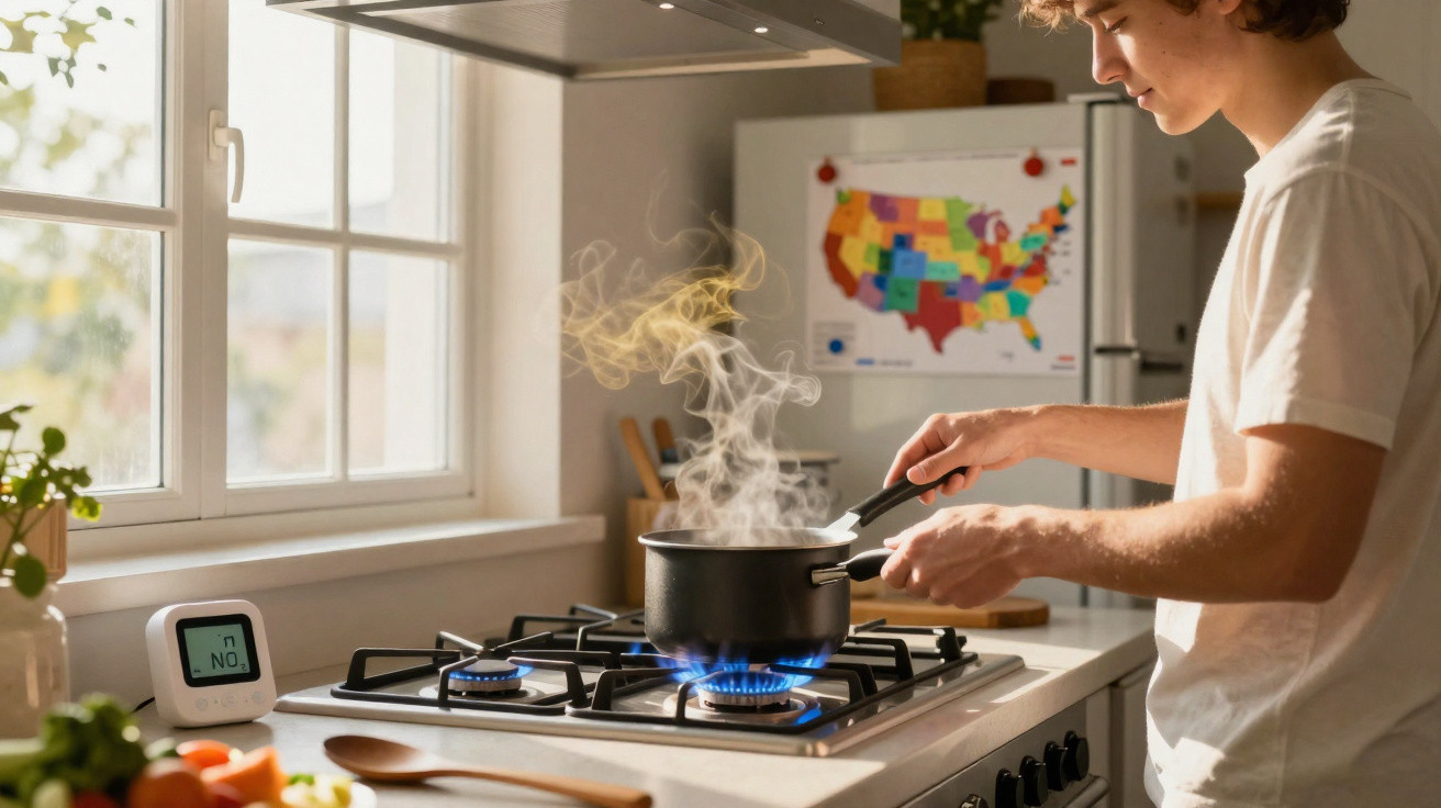 Junger Mann kocht dampfenden Topf auf Gasherd in heller Küche mit Fenster und USA-Karte.