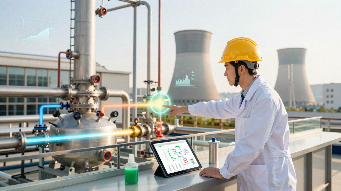 Ingenieur mit Schutzhelm steuert digitale Anlagen in einer Industrieanlage vor Kühltürmen.