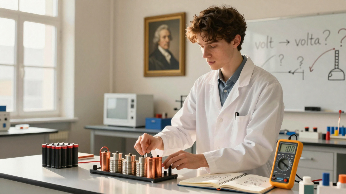 Junger Wissenschaftler im Labor testet Stapel aus Münzen und Kupferplatten mit Multimeter und Laborgerät.