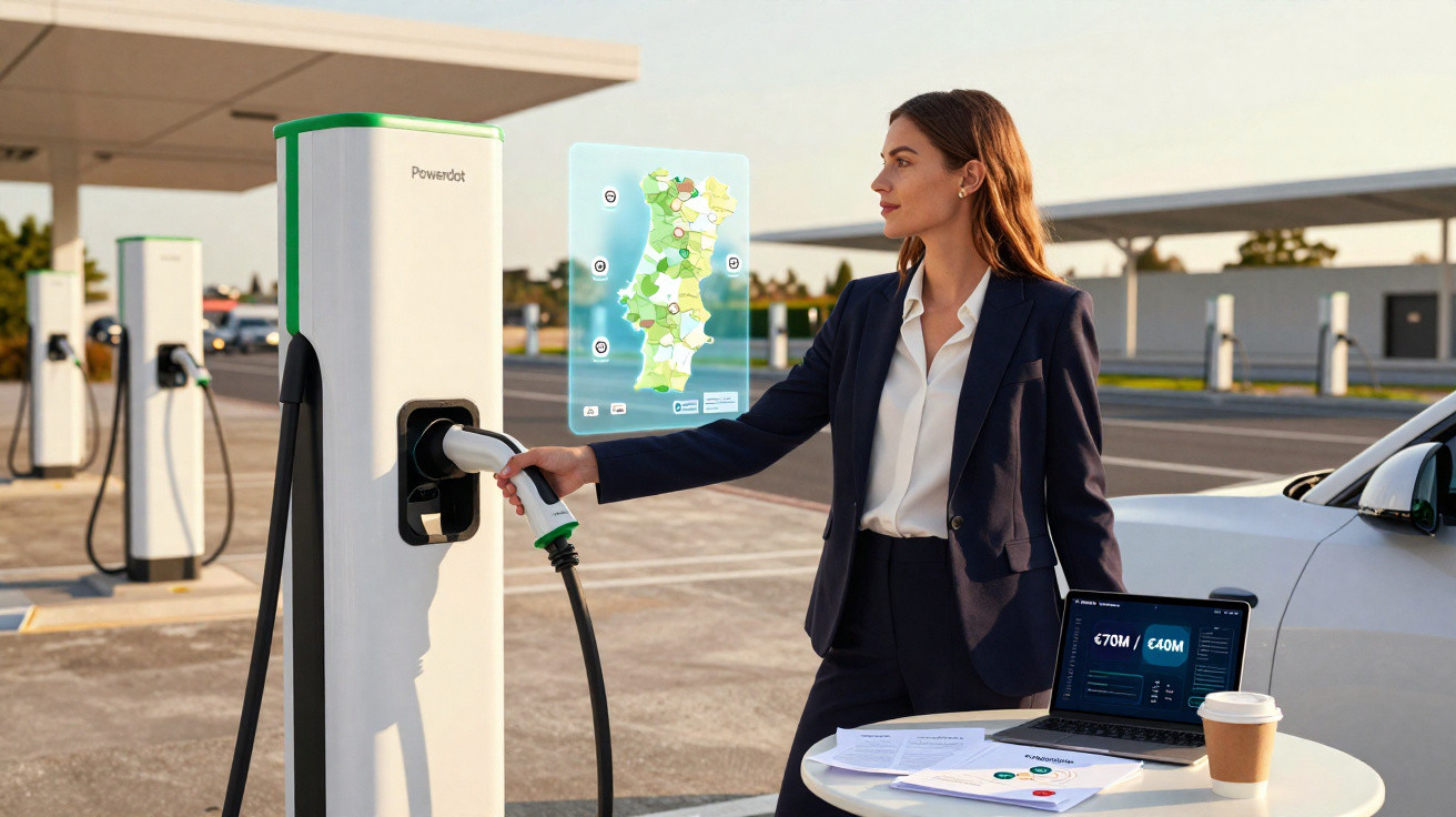Frau lädt Elektroauto an Ladestation auf, neben ihr Laptop und Kaffee auf runder Tisch im Freien.