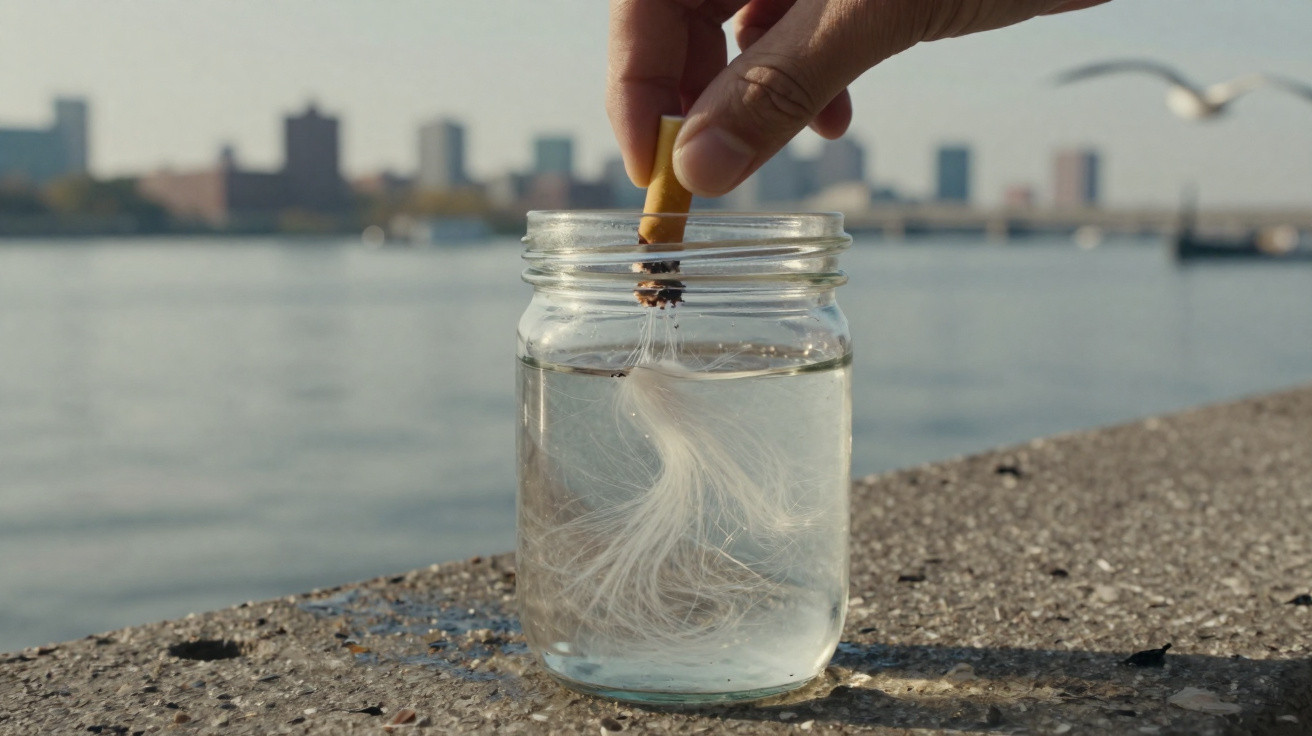 Hand taucht brennende Zigarette in Glas mit Wasser, Fluss und Stadt im Hintergrund.
