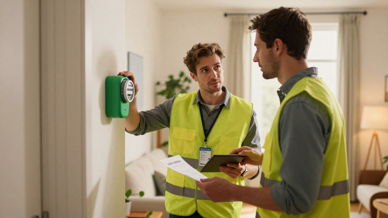 Zwei Männer in Warnwesten überprüfen in einer Wohnung einen Stromzähler an der Wand.