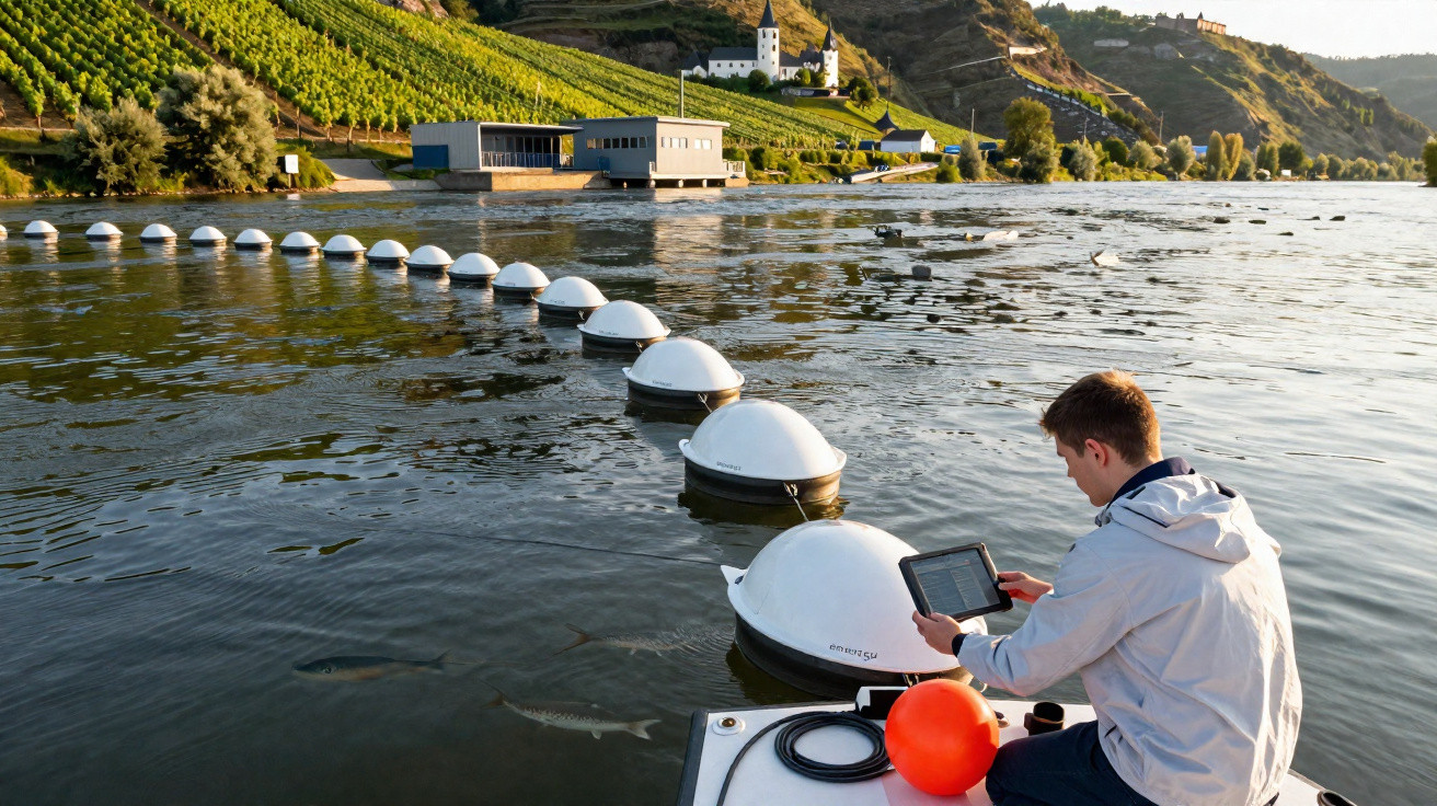 Mann prüft digitale Daten auf Gerät am Ufer, schwimmende Sensoren im Wasser, Weinberge und Gebäude im Hintergrund.