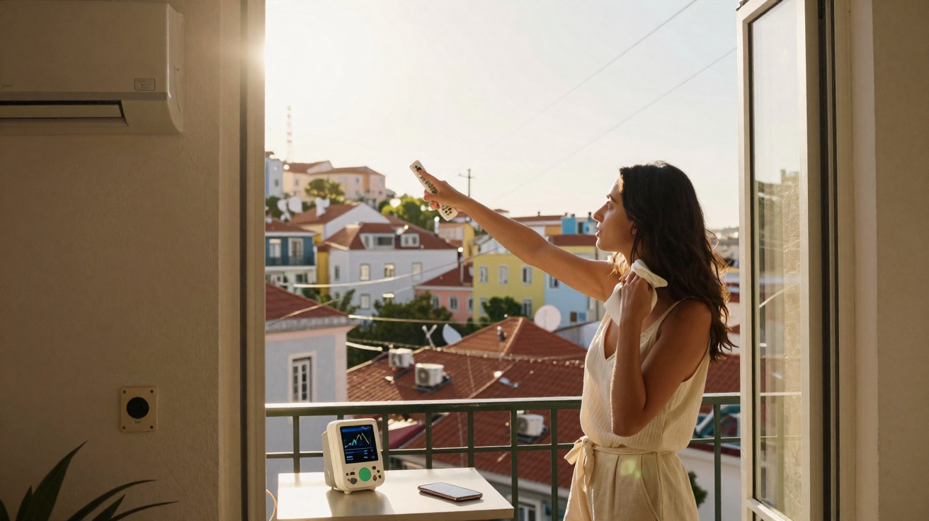 Frau bedient Klimaanlage per Fernbedienung auf Balkon mit Blick auf Häuserdach und Sonnenlicht.