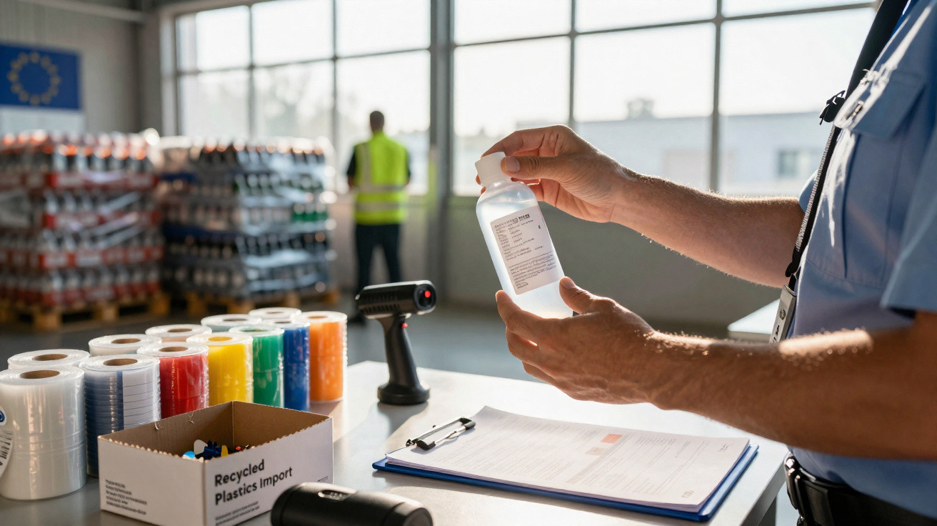 Person hält Flasche mit Flüssigkeit in Lagerhalle, bunte Rollen und Barcode-Scanner auf Tisch sichtbar.