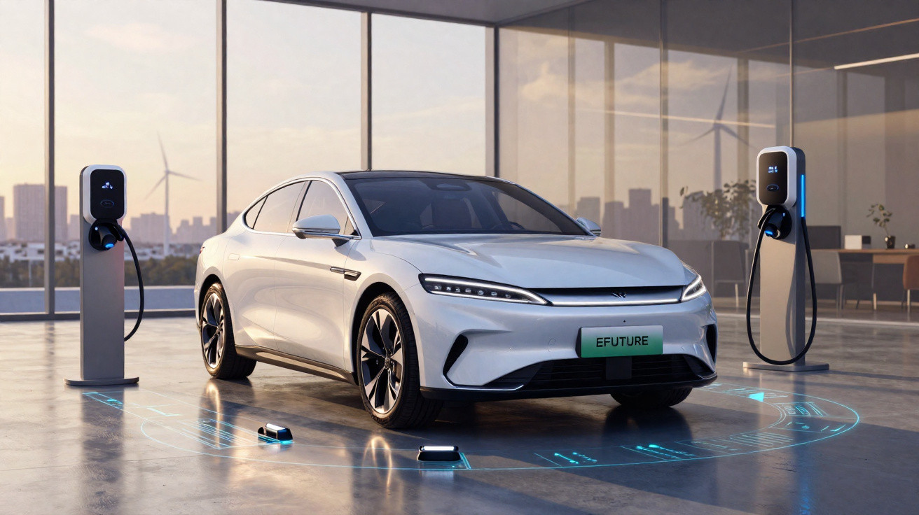 Weißes Elektroauto vor Ladestationen in modernem Raum mit großen Fenstern und Stadtblick bei Sonnenuntergang.