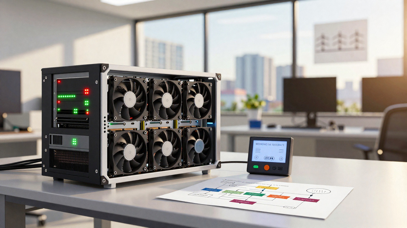 Mining-Rig mit mehreren Lüftern und Steuergerät steht auf Schreibtisch im modernen Büro mit Computerarbeitsplätzen.