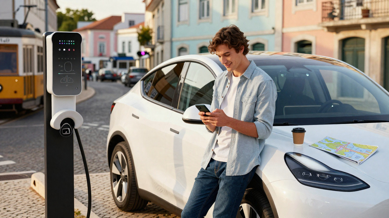 Junger Mann steht lächelnd neben weißem Elektroauto an Ladestation und schaut auf sein Smartphone.