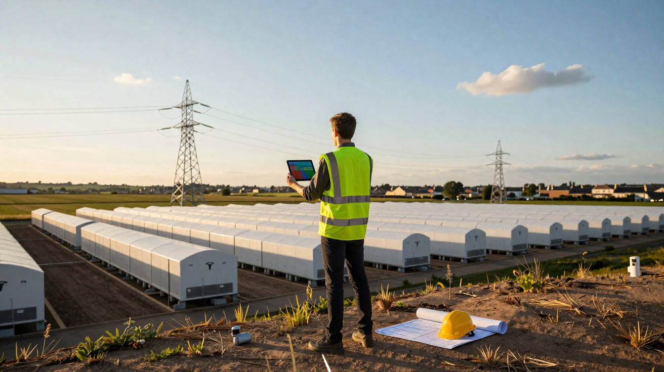 Ingenieur mit Tablet und Warnweste überwacht große Tesla-Batteriespeicheranlage im Freien bei Sonnenuntergang.