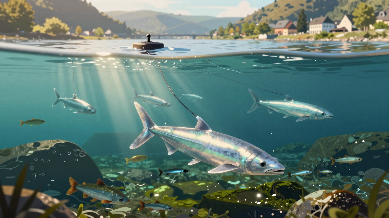 Unterwasseransicht eines Flusses mit Fischen und einer Angelrute, im Hintergrund Häuser und Berge.