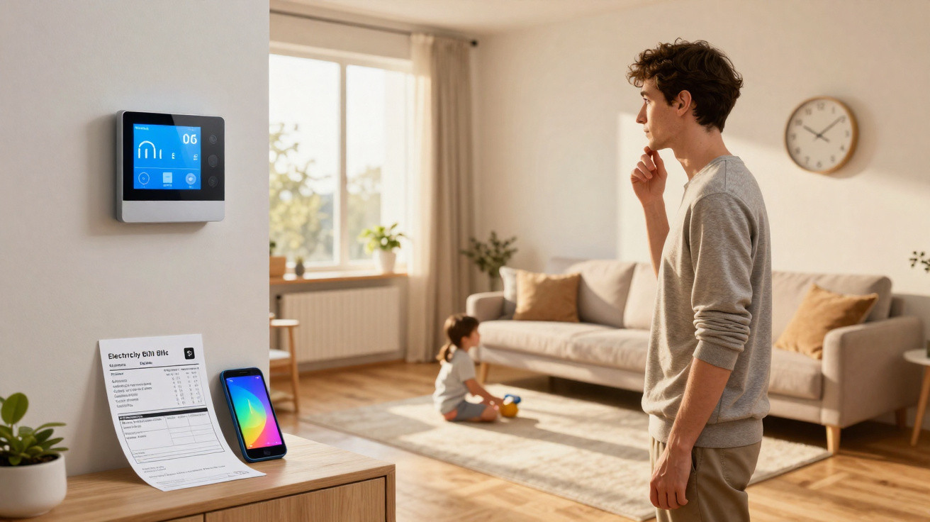 Junger Mann prüft intelligente Heizungssteuerung in Wohnzimmer, während Kind auf Teppich spielt.