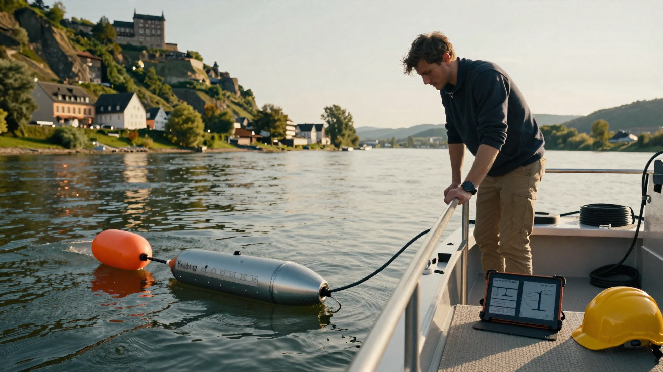 Mann auf Boot führt wissenschaftliche Messung mit Wassergerät auf Fluss in ländlicher Umgebung durch.