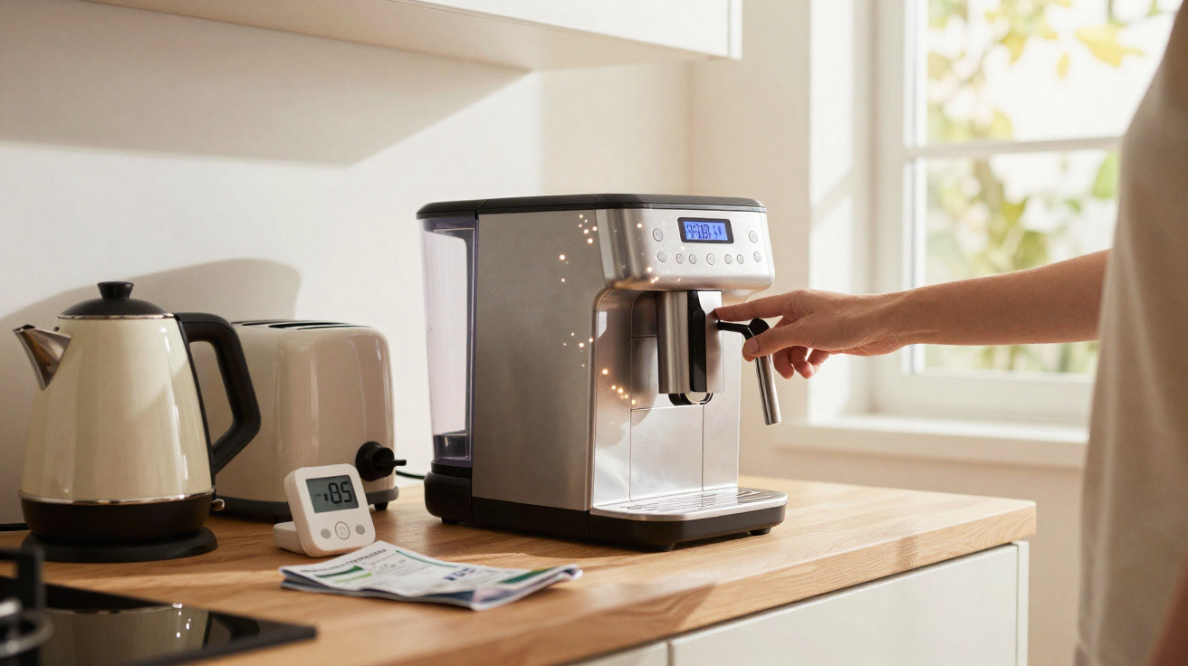 Hand bedient modernen Kaffeevollautomaten auf Küchenarbeitsplatte neben Wasserkocher und Toaster bei Tageslicht.