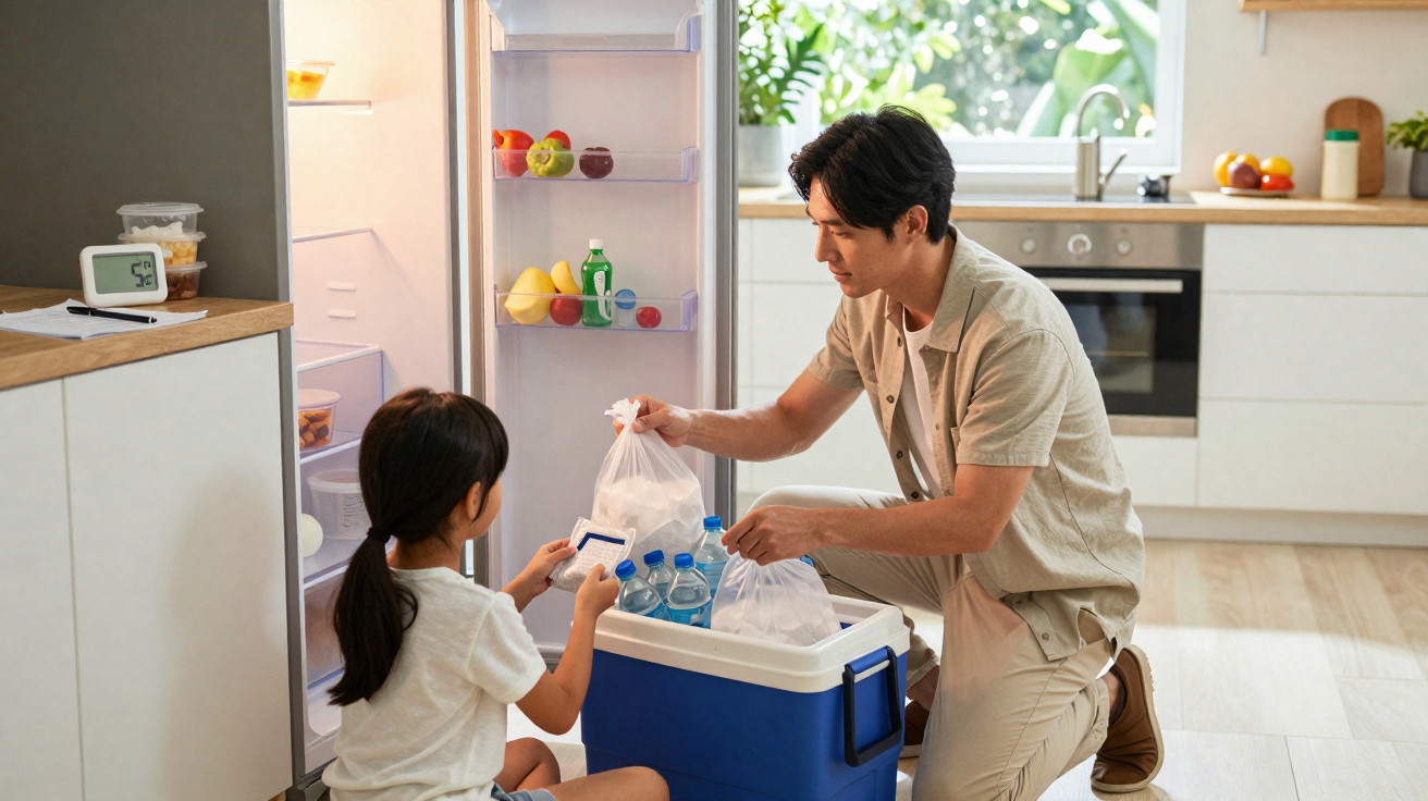 Vater und Tochter packen gemeinsam Lebensmittel aus Kühlbox in einen offenen Kühlschrank in moderner Küche.