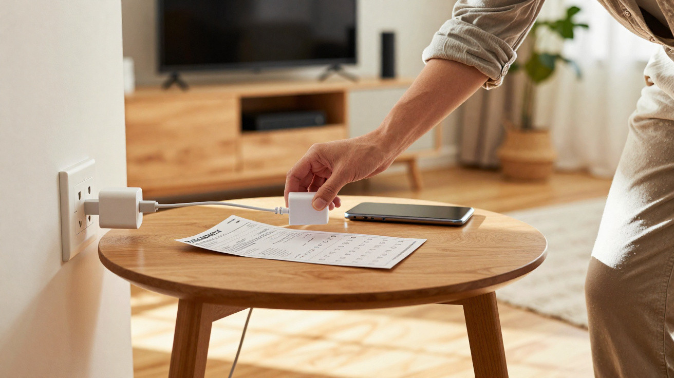 Hand steckt Ladekabel in Steckdose neben Tisch mit Papieren und Smartphone in modernem Wohnzimmer.