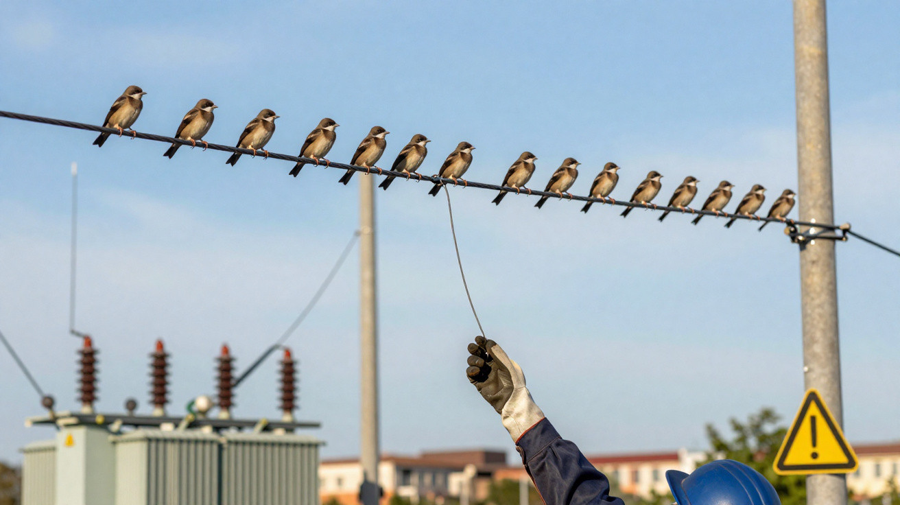 Mehrere Vögel sitzen auf einer Stromleitung, darunter eine Person mit Helm und Handschuh, die die Leitung berührt.
