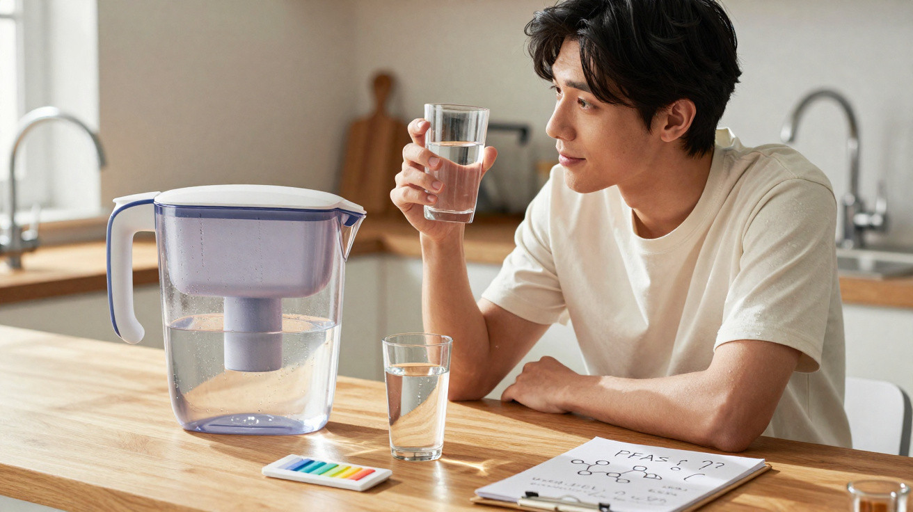 Mann sitzt in der Küche mit Wasserkaraffe, Glas Wasser und pH-Teststreifen auf dem Tisch.