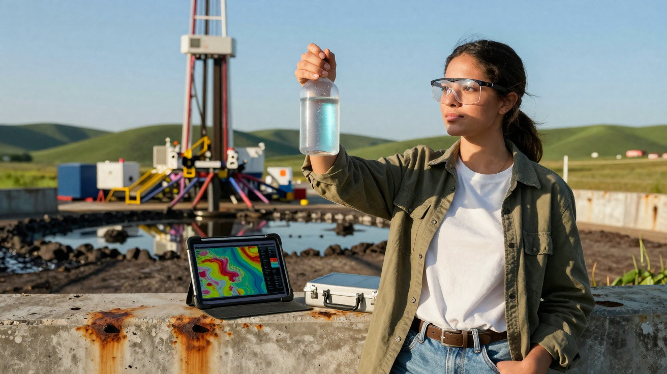 Frau mit Schutzbrille hält Wasserprobe am Bohrturm, Tablet mit Kartenbild und Landschaft im Hintergrund.