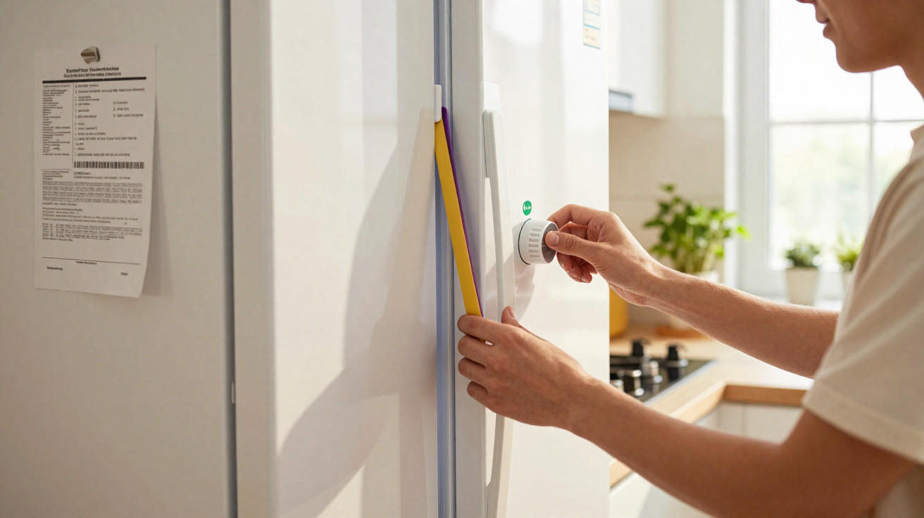 Person stellt den Temperaturregler an einem weißen Kühlschrank in einer hellen Küche ein.