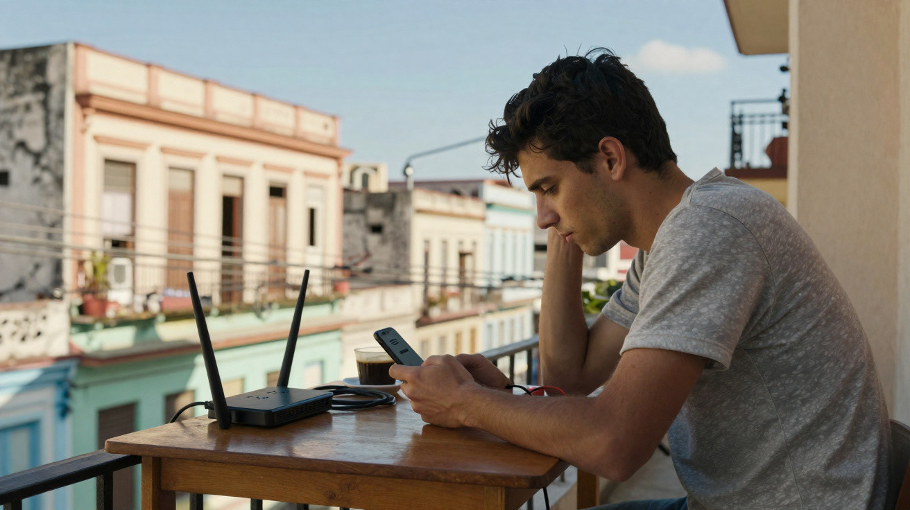 Junger Mann sitzt auf Balkon und schaut auf sein Handy, neben ihm steht ein WLAN-Router auf dem Tisch.