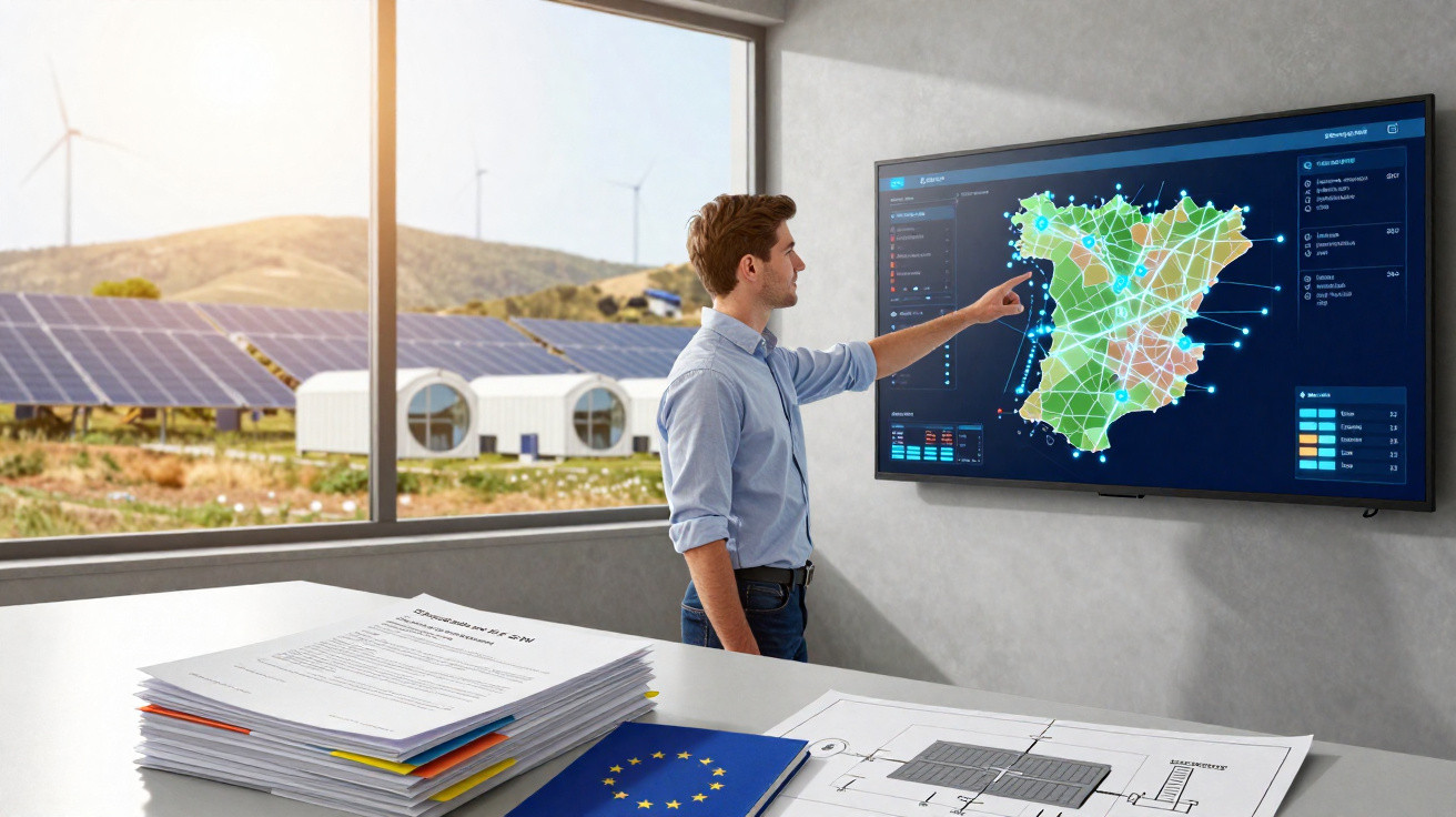 Mann analysiert digitale Karte von Spanien zu erneuerbaren Energien vor Bürofenster mit Solarpanels und Windrädern.