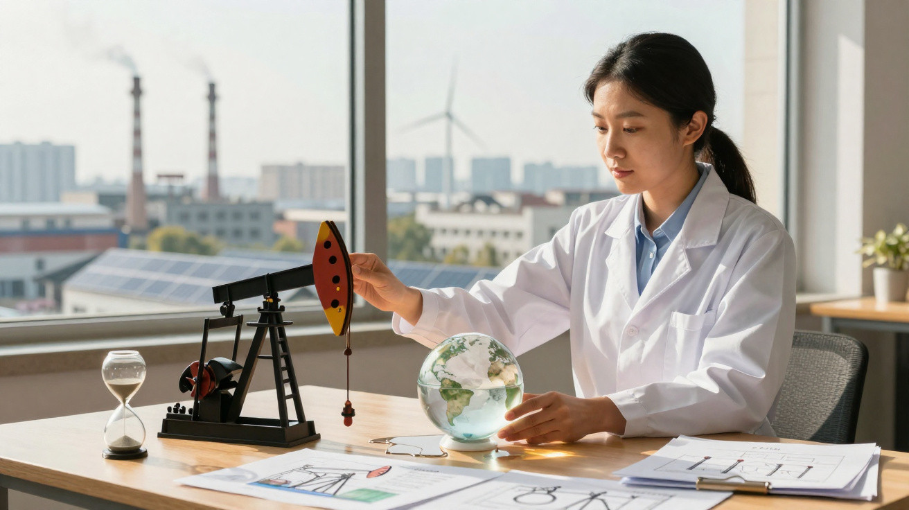 Frau im Labor zeigt Modell einer Öl-Pumpe, neben Erdglobus und Sanduhr, Umwelt und Energie im Büro.