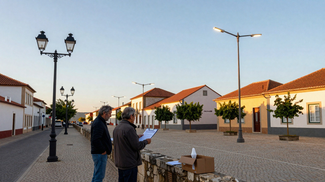 Zwei Männer stehen auf gepflastertem Platz in kleinem Ort mit weißen Häusern und Straßenlaternen bei Sonnenuntergang.