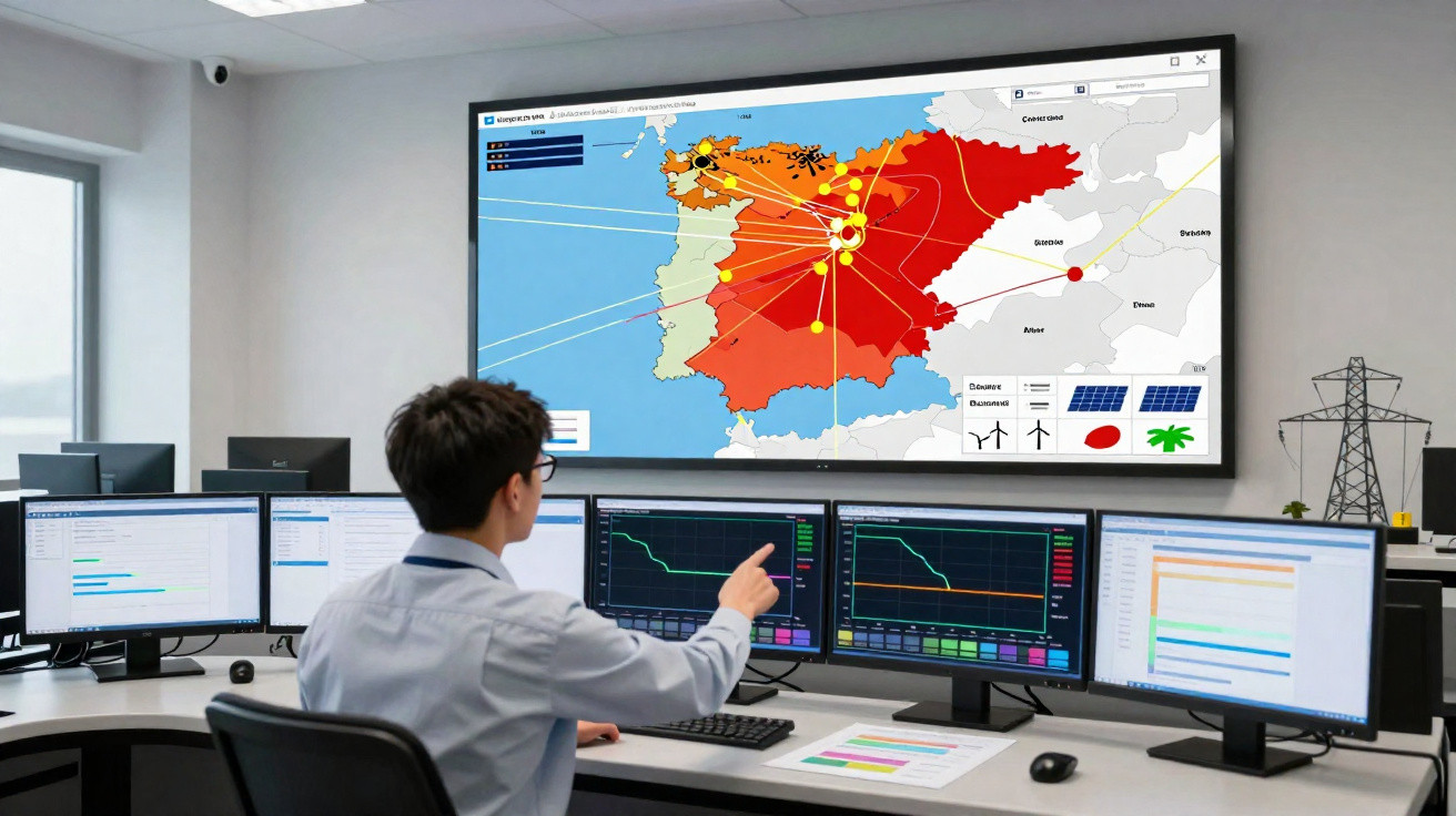 Person überwacht Energiemanagement mit mehreren Bildschirmen und Karte von Spanien und Portugal im Kontrollraum.