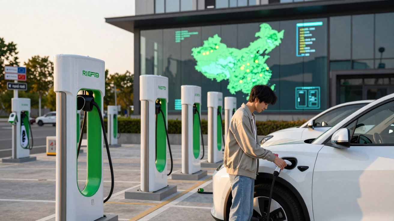 Junge lädt sein Elektroauto an einer Reihe von Ladestationen vor einem Gebäude mit digitaler Landkarte auf.