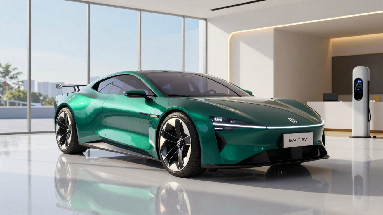 Grünes Elektro-Sportauto GALP-EV1 in modernem Showroom mit großem Fenster und Ladestation im Hintergrund.