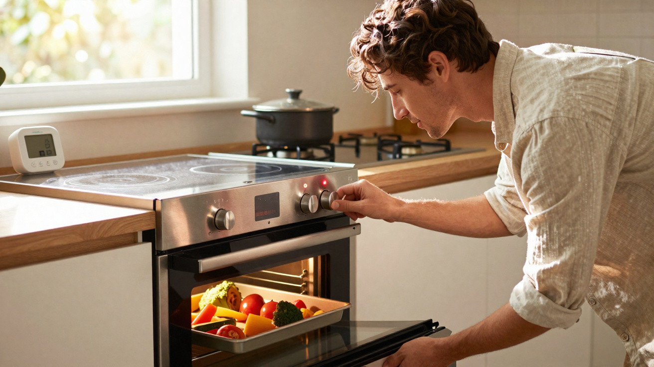 Mann stellt Temperatur am Backofen ein, während buntes Gemüse im Backblech im Ofen steht.